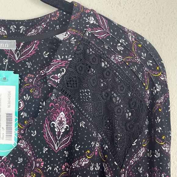 NWT Daniel Rainn Caleena 3/4 Sleeve Pleated Crochet Detail Knit Top Sz Petite LP - Picture 4 of 8